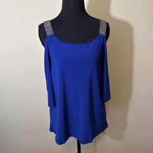Atelier Women's Blue Rhinestone Strap Cold Shoulder Blouse Stretchy Dressy Top L